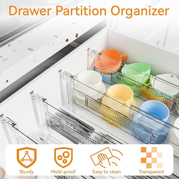 8 Pack Clear Acrylic Drawer Divider 6 Inch High,Expandable from 14-20'',Adjustable Dresser Drawer Dividers for Baby Clothing,Underwear and Sock,Separators,Deep Drawer Separators for Kitchen