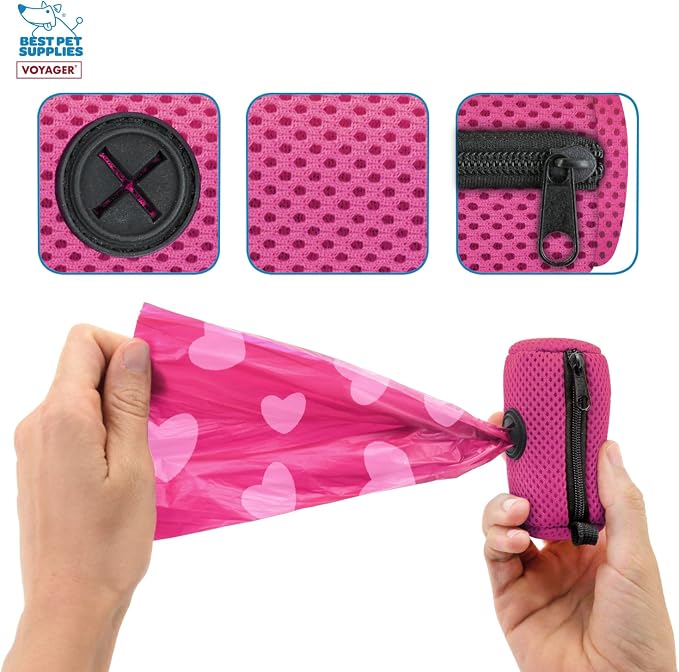 Best Pet Supplies Dog Poop Bag Holder Leash Attachment with Reusable Dispenser for Travel, Walking, Park, and Outdoor Use, Durable with Clip-On - Fuchsia, Mesh Dispenser w/15 Bags