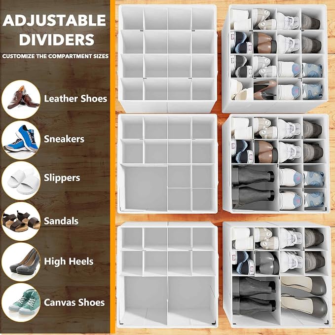 SpaceAid Shoe Organizer for Closet, 2 Pack Foldable Shoe Storage Containers Baskets Boxes Bins w/Adjustable Dividers, Fits 16-32 Pairs, White