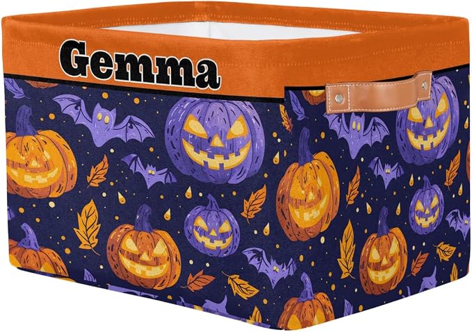Personalized Foldable Storage Basket with Name for Boys, Laundry Hamper Dirty Clothes Pet Toys Storage Bin with Handles for Shelf Home Closet, Purple Orange Pumpkin Bat