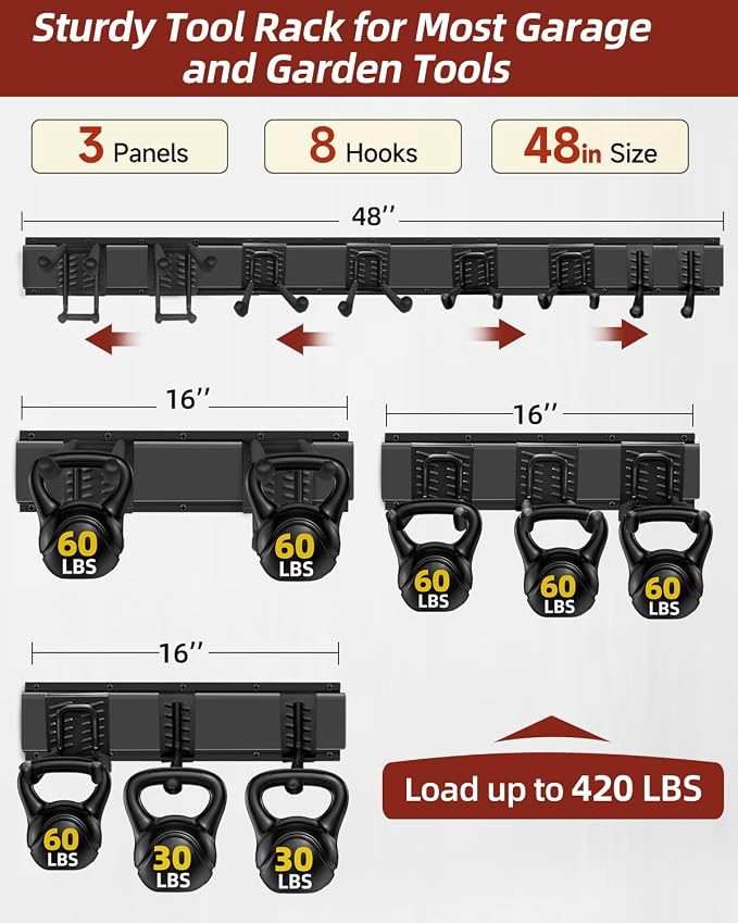 Garage Tool Organizer Wall Mount, 48in Tool Rack, 420LBS Capacity | Thick Steel, 3 Panels, 8 Movable Hooks in 4 Types, Rustproof Waterproof, Soft Anti-Scratch Hooks, Garden & Lawn Tool Storage