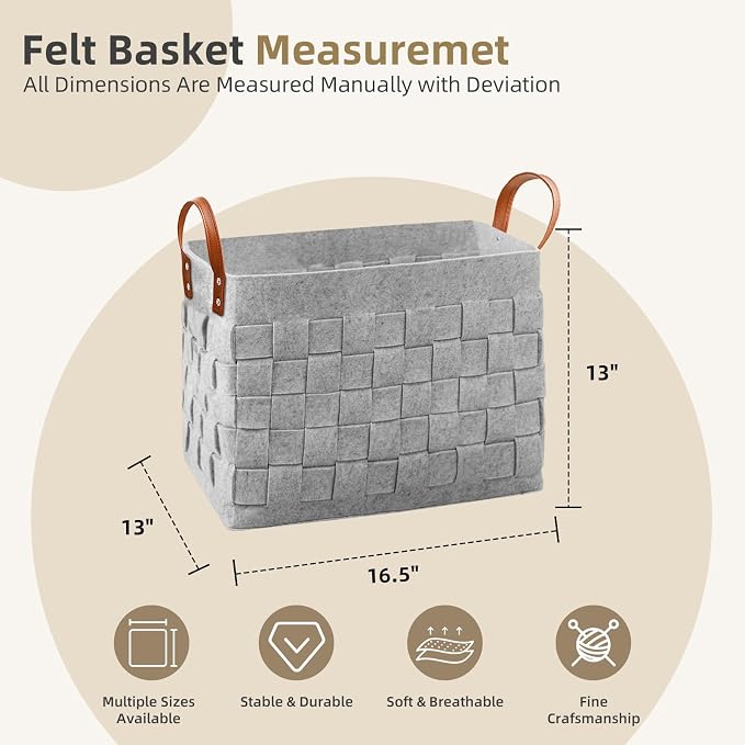 boldmonkey Blankets Basket 16.5 " x13 x13 , Large Storage Baskets for Organizing Rectangular, Living Room Dog Toy Bin for Dirty Clothes, Pillows, Towel-Light Gray