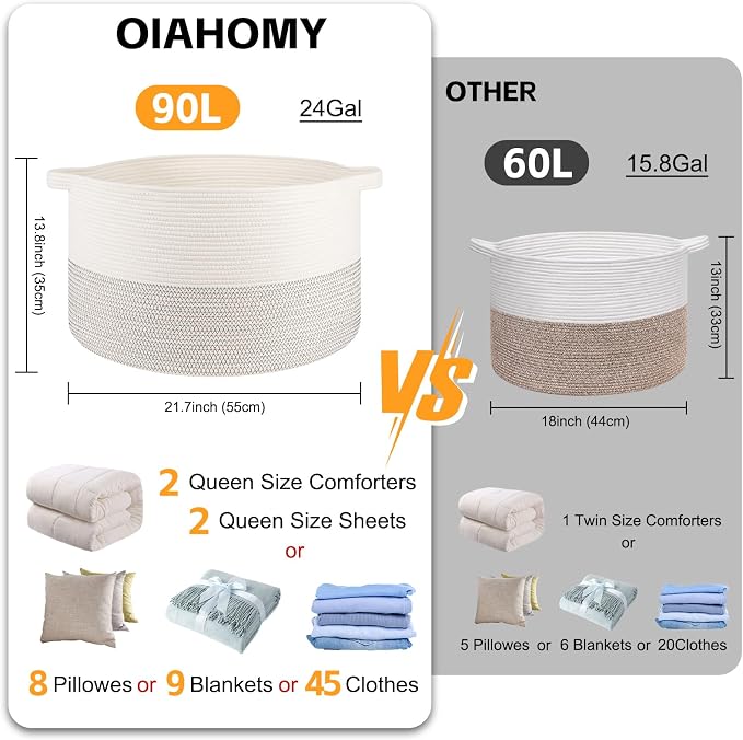 OIAHOMY 90L XXXLarge Blanket Basket for Living Room, 21.7" x 13.8" Woven Cotton Rope Laundry Basket for Organizing Pillows, Decorative Stuffed Animal Toy Storage for Nursery, Black and White
