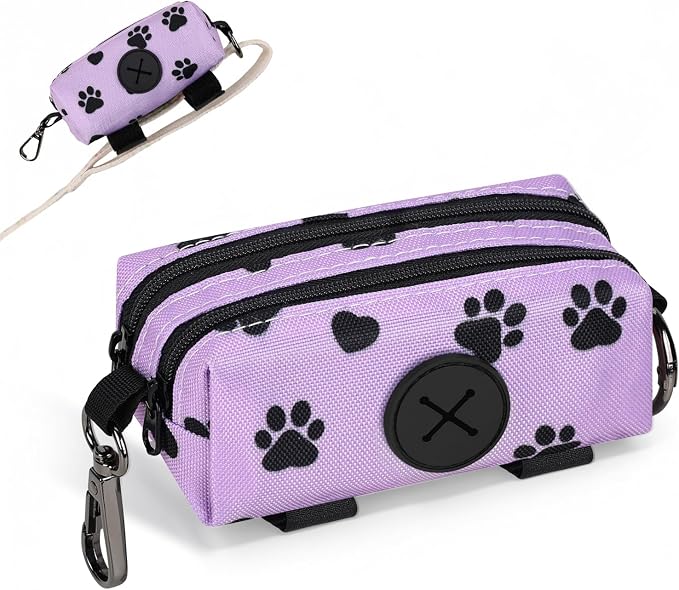 Dog Poop Bag Holder for Leashes 2 Zipper Pockets Purple 1 Pack