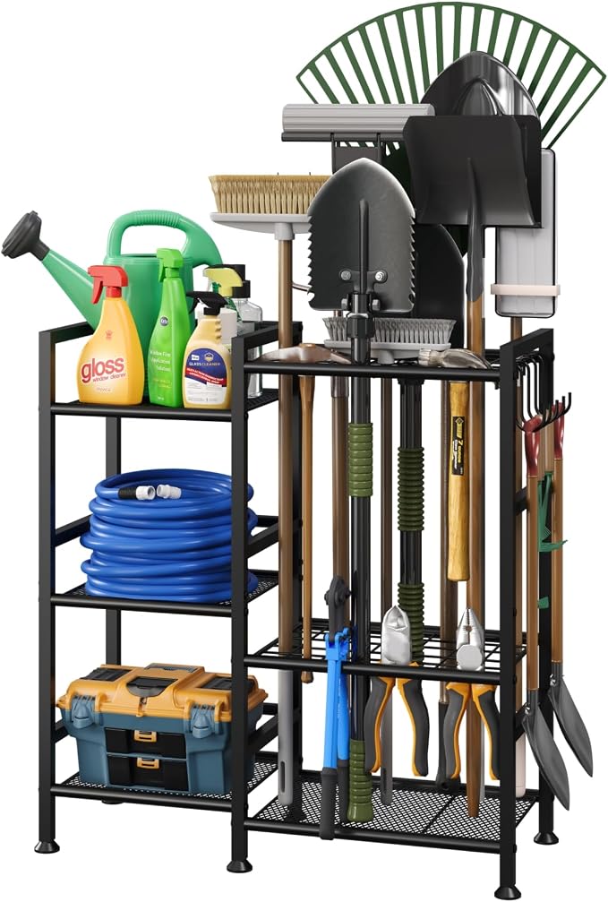 keomaisyto Garden Tool Organizer with Large Hooks, Garage Storage Rack | 3 Tier Yard Tool Holder with 35 Long-Handled Tool Slots, Heavy Duty Garden Tool Rack for Shed, Yard, Garage