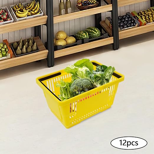 12PCS Shopping Baskets with Handles, 17x12x9inch Plastic Storage Bins Grocery Baskets, Portable Shop Basket Used for Supermarket, Retail, Bookstore (Yellow)