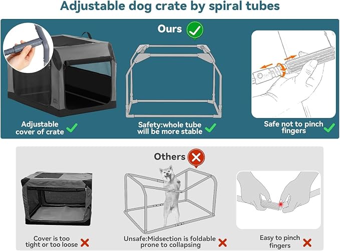 PETSFIT Collapsible Dog Crate, Portable Dog Crate - 24 Inch Sturdy Adjustable Structure, Easy to Set Up, Portable Dog Crate for Car, Light Tough with 3 Mesh Doors Grey