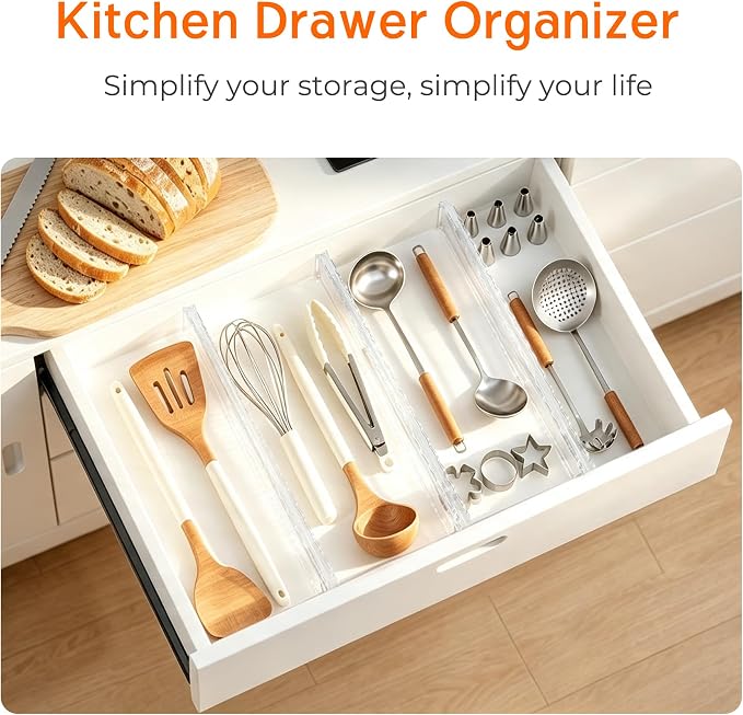 4 Pack 2.36" High Shallow Drawer Dividers, 12.5"-21.3" Expandable | Adjustable Kitchen Drawer Organizer, Clear Plastic Separator for Utensils, Flatware, Cutlery, Socks & Underwear Storage
