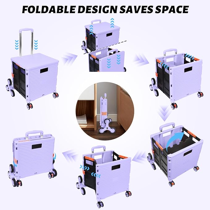 FELICON SELORSS Folding Utility Climber Cart Portable Rolling Crate-Purple | Stair Climbing Wheels+360°Swivel Wheels,Telescoping Handle,Plastic Box Dolly for Travel Shop Move Laundry Office Teacher Use