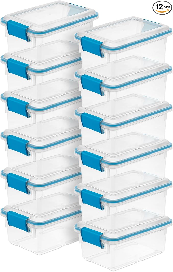 Sterilite Gasket Storage Box w/Lids for Home & Office, 7.5 Quart, 12-Pack | Heavy-Duty, Stackable, and Organizing Containers for Bathroom, Cabinet, Closet, and Garage, Clear and Blue Aquarium Latches