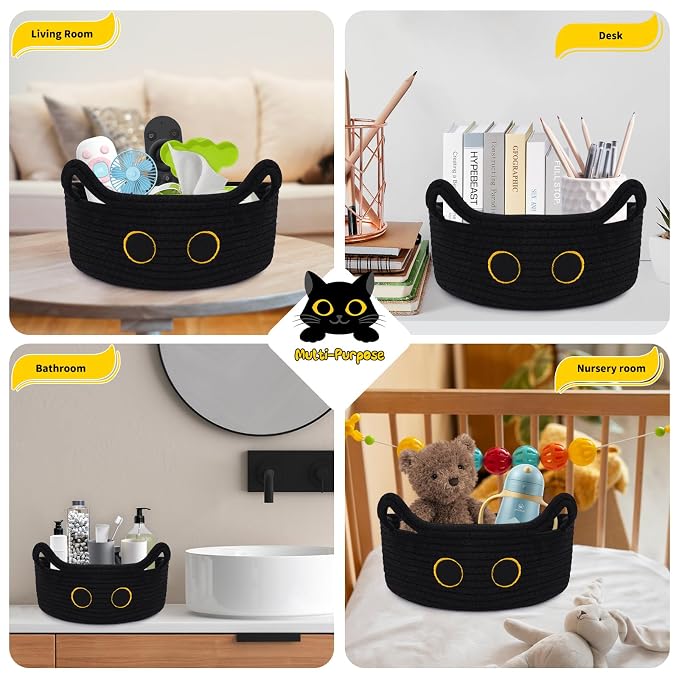 Black Cat Toy Basket for Nursery,Small Cute Cat Oval Woven Rope Basket | Cotton Rope Storage Toy Bin, Baby Shower Blanket Hamper 0rganize Box with Handles,Gifts Empty Storage Cat Bin,12"D x 5"H in