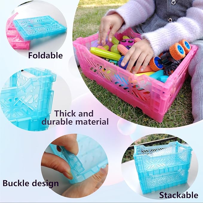 Mid Size Pastel Plastic Storage Crates and Baskets, Collapsible Crates for Organizing, 4L Space Saving Bins for Classroom, Kitchen, Office, Bedroom,Desk Organizer. (Blue)