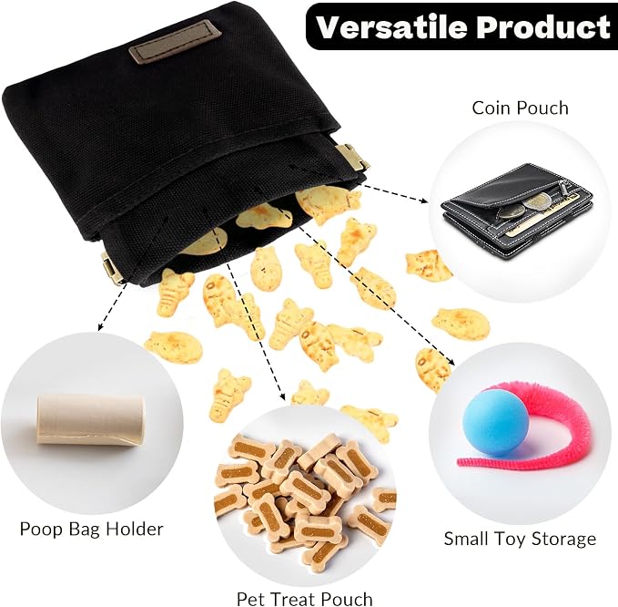 Dog Treat Pouch, Portable Auto Closing Dog Training Treat Bag with Carabiner, Hands Free Pocket Sized Snack Reward Pouch for Puppy Walking Travel Outdoor Use, Black