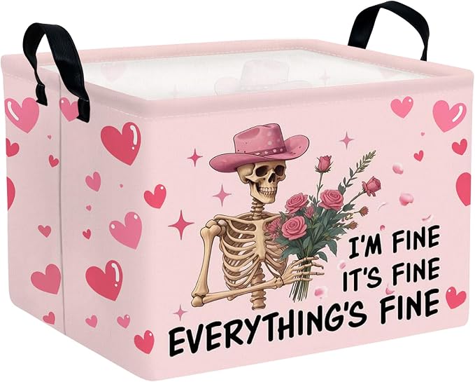 Valentine's Day Basket Gift for Empty Cute Heart Large Storage Bin for Kid and Baby Room Décor (Pink Rose Skull Heart)