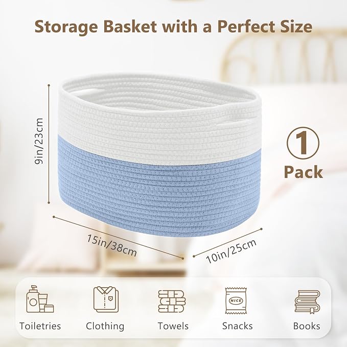 ECDYQXVU 15x10x9 Inch Woven Cotton Rope Storage Basket, 1 Pack | Foldable Design, Built-in Handles, Space-saving Organizer for Living Room, Bedroom, Laundry, Shelves, Clothes, Towels