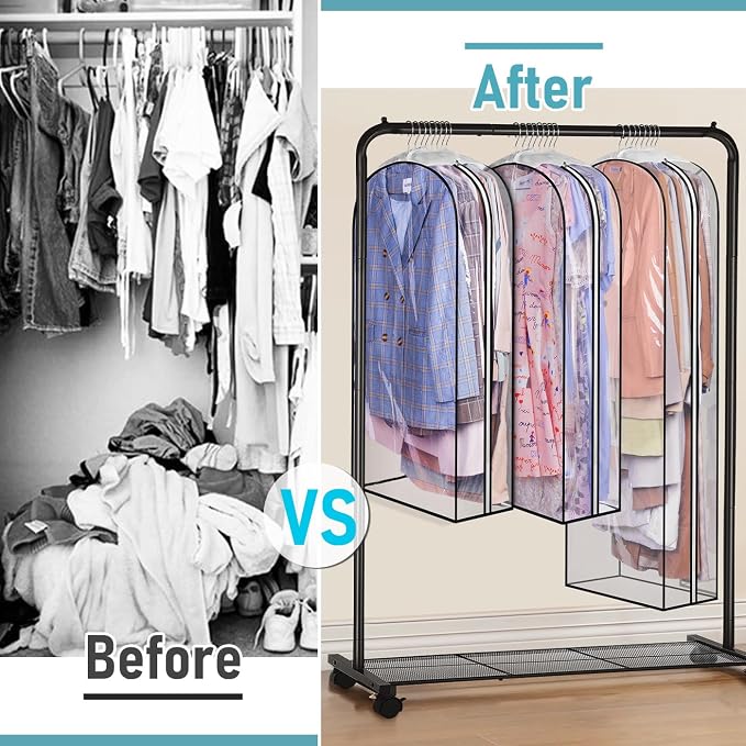 MISSLO 10" Gusseted All Clear Garment Bags for Hanging Clothes 40"+60" Suit Bags for Closet Storage Dresses Protectors for Shirts, Coats, Gowns, 3 Packs