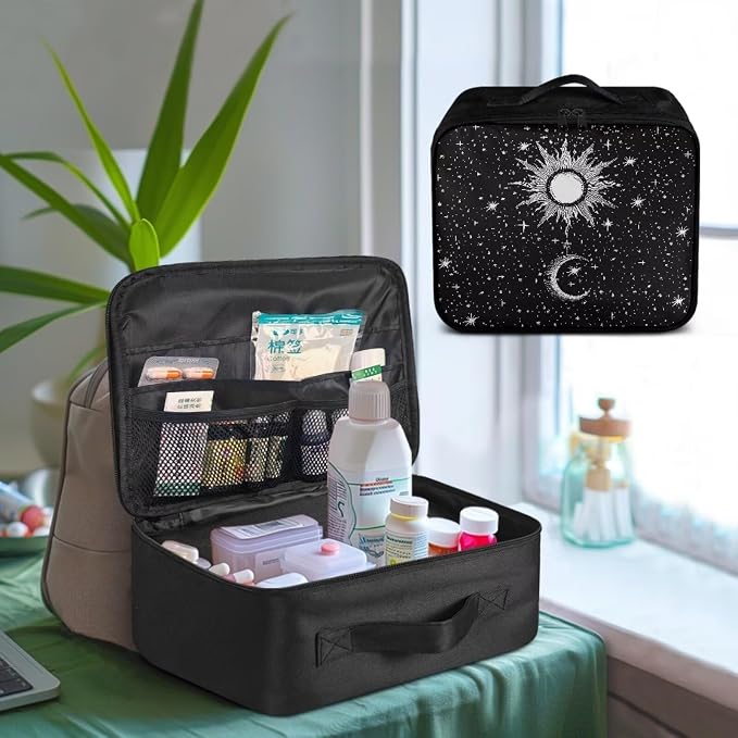 Rnyleeg Black First Aid Kit Bag Empty Emergency Medical Trauma Bag Compact Lightweight First Aid Bag for Home Car Camping Hiking Sun Moon Star Pattern