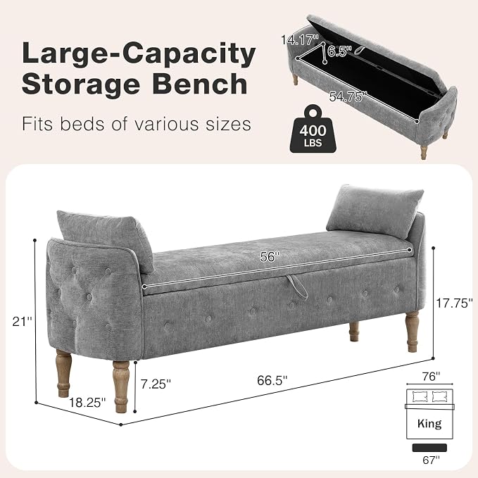 67"End of Bed Storage Bench King Size,Upholstered Bedroom Bench,Grey | Linen Storage Bench for Bedroom End of Bed ,2 Cushion, Vintage Wood Legs ,Tufted,Storage Ottoman Bench for Entryway Window