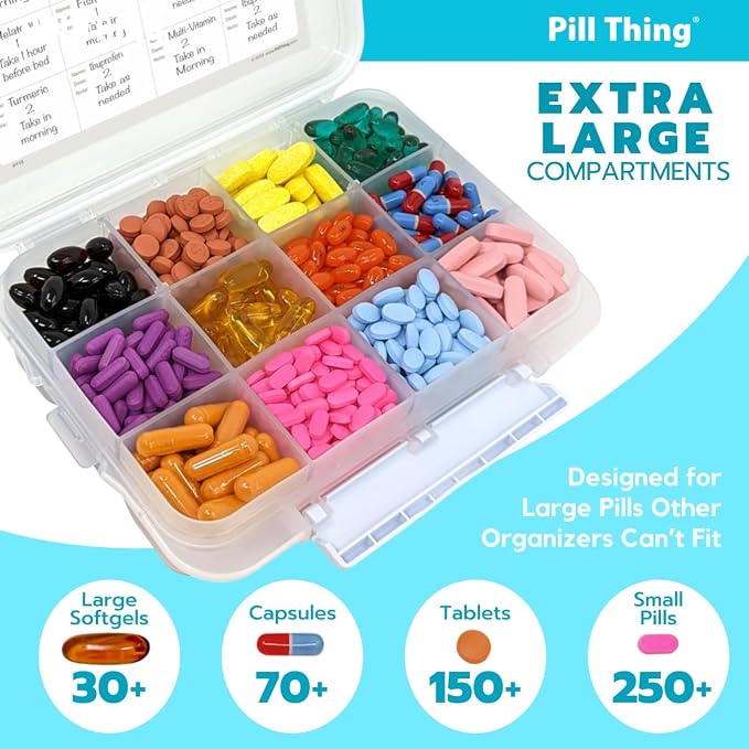 12 Compartment Large Pill Case with Airtight Seal - Silicone Gasket Waterproof Med Box with Medication Map (Clear, 1 Pack)