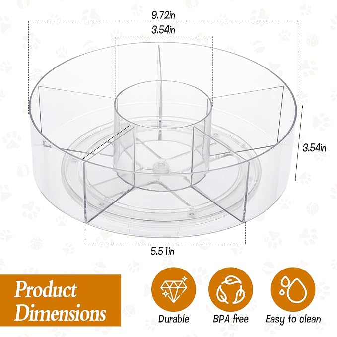 Rotating Lickable Cat Treats Organizer with 6 Compartments, Clear Lazy Susan Acrylic Squeeze Up Cat Food Storage Container Divided Pet Treats Box for Kitchen Cabinet Pantry Shelf Countertop