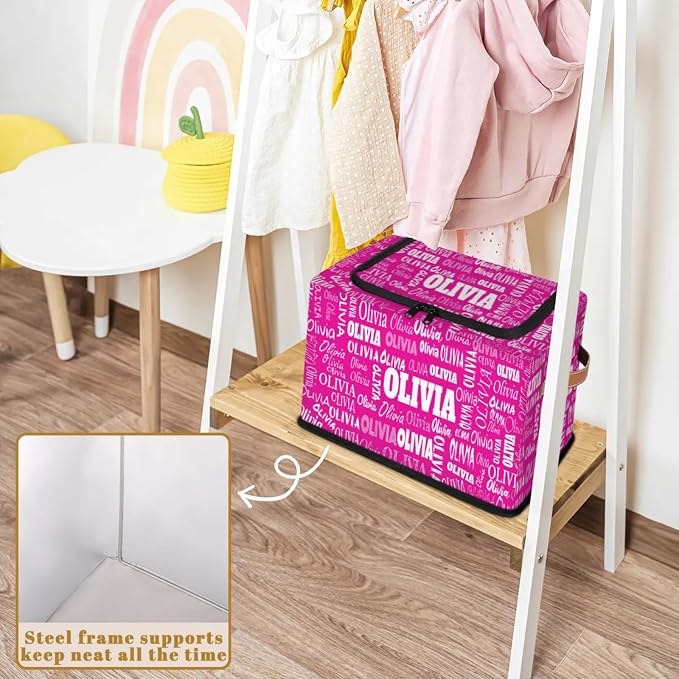 Custom Storage Baskets Named with Zipper Lid, Personalized Storage Bins Basket Boxes PU Leather Handles for Clothes Bedroom Closet Organizing Toys Books Shelves, Deep Pink Color