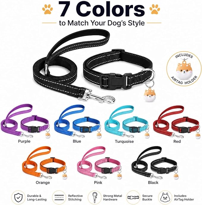 Reflective Soft Neoprene Padded Matching Dog Collar with Leash Airtag Holder Case Set Safety Breathable Adjustable Nylon Dog Collars for X-Small Small Medium Large Dogs-Black-M
