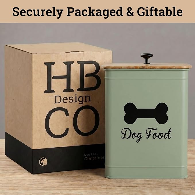Metal Dog Food Container 5-7lb, 25 Cup w/ Airtight Bamboo Lid, Metal Handle | Pet Jar For Dogs up to 50lbs, Airtight Bamboo Lid, Sturdy Comfortable Metal Handle, Powder Coated Iron, Kibble Storage Bin