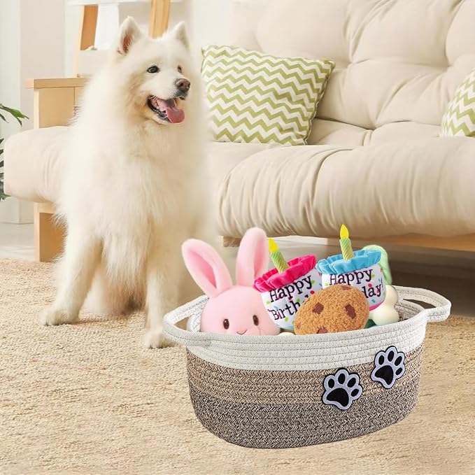 Small Woven Cotton Rope Nursery Organizer Bins, Dog Toy Basket Bins with Handle, Cute Empty Pet Gift Storage Baskets with Paw