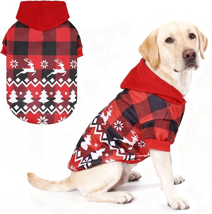 KOOLTAIL Christmas Dog Hoodie, Red Plaid Pet Sweater, Hat Hooded Sweatshirt Dog Clothes for Small Medium Large Dogs, Soft Warm Winter Cold Weather Coat with Leash Hole&Pocket, Reindeer Snowflake, L