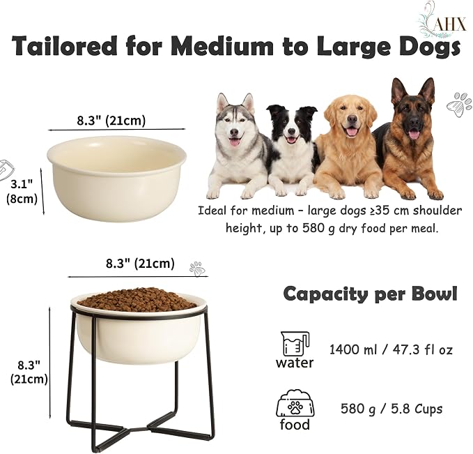 Ceramic Elevated Dog Food Bowl - Heavyweight Feeding Bowl with Metal Stand - Raised Pet Dish for Medium and Larges Dogs - 5.8 Cups - 47.3 oz - Beige