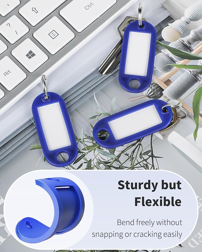 Uniclife 40 Pack Key Tags 2 Inch Plastic Key Chain Tags with Label, Blue | Writable key tags with clear windows, blank paper labels, protective films and split rings for easy item identification