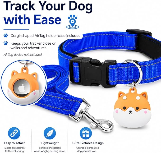 Reflective Soft Neoprene Padded Matching Dog Collar with Leash Airtag Holder Case Set Safety Breathable Adjustable Nylon Dog Collars for X-Small Small Medium Large Dogs-Navy Blue-M