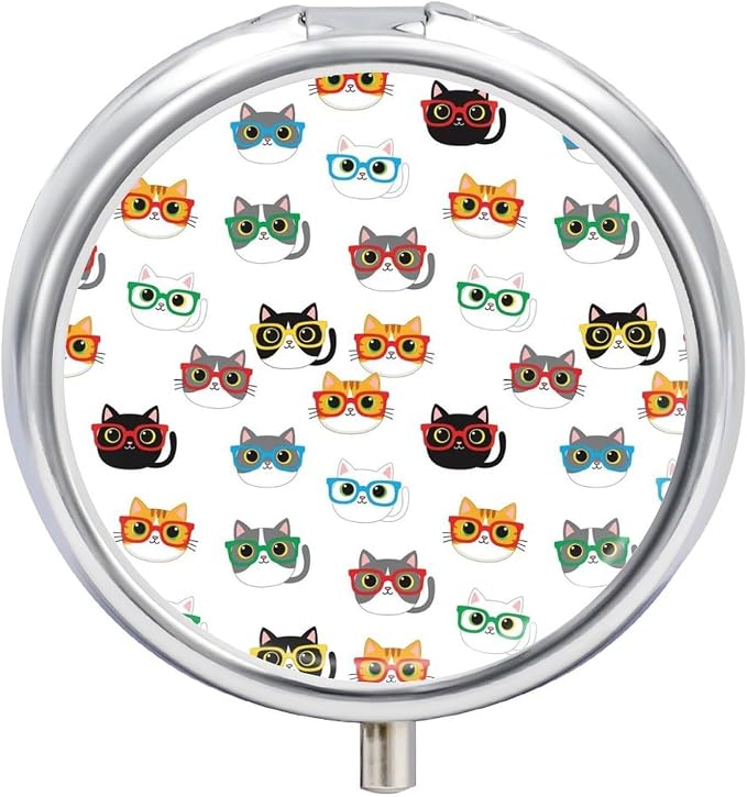 Purse Pill Holder, Cute Cats Animals Pet Cat Lovers Kawaii Round Waterproof Organizer, Compact Case for Vitamins, Travel Pill Box Pocket Use for Active Lifestyles