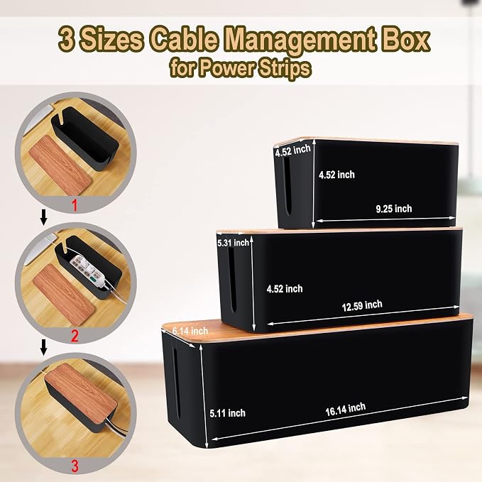 128PCS Cable Management Box 3Pack Cable Management Kit for Power Strip to Hide Wires,Cord Hider Boxes,Cord Box Safe ABS Material Wire Organizer of Cable Clips Sleeve for Home & Office, Black