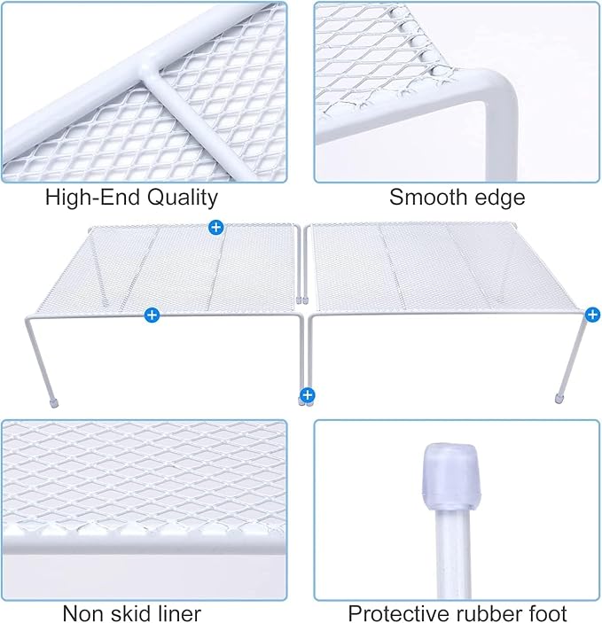 Set of 6 Mesh Kitchen Shelves Cabinet Storage Shelf Rack (13.1 x 10.2 Inch) ，Kitchen Bathroom Pantry Cupboard Desk Home Office, Fridge, Cabinet, Bathroom Cupboard, Non-slip Plastic Feet (6, White)