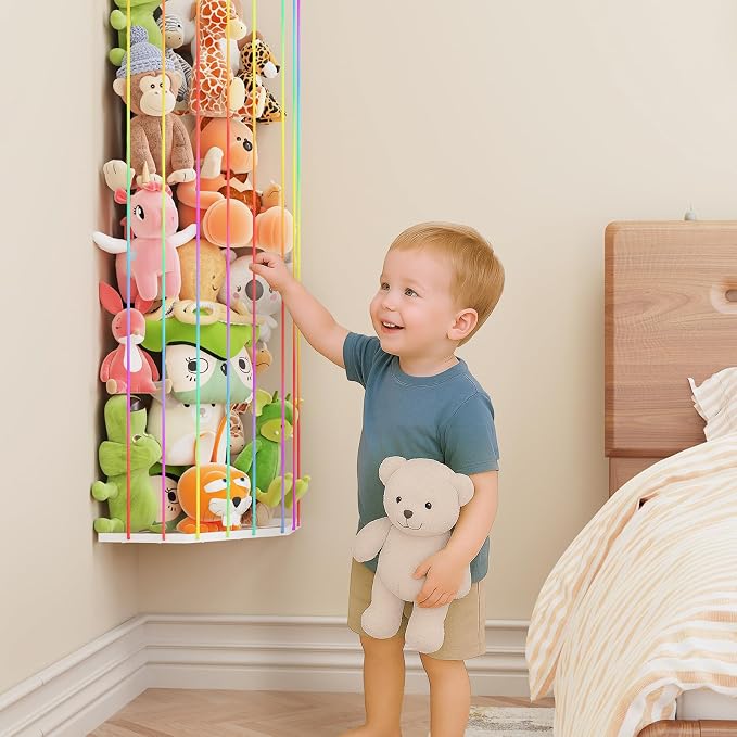 BBLlKE Stuffed Animal Storage Zoo - Corner Plush Toy Organizer Length Adjustable, Wall Hanging Stuffed Animal Net Holder for Nursery Playroom Bedroom Kids Room, Multicolor