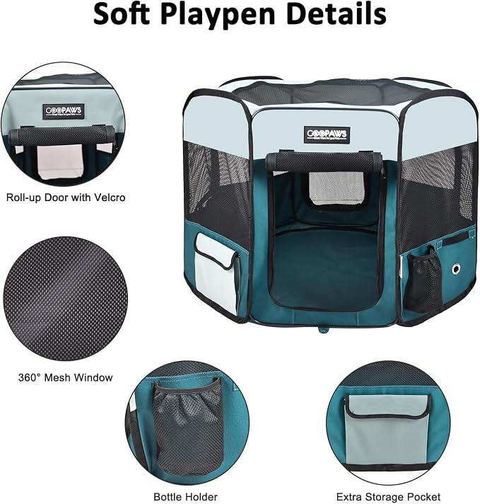 Jespet Soft Dog Playpen, Portable Pet Exercise Pen Kennel with Carry Bag | 2-Door, Easy to Fold, Ground Stakes, Zipper Locks, Large Storage Pocket, Washable Top Mesh Cover & Bottom Cover