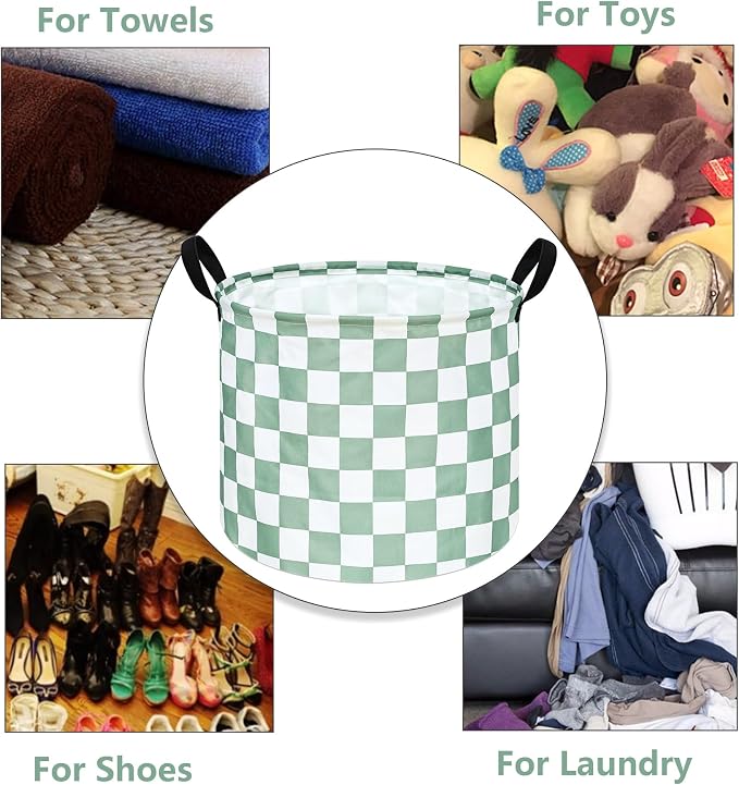 MAIZMZ 3 Pack Sage Checkered Storage Baskets Kids Hamper,Girls Room Decor,15.7"D x13.3"H, Waterproof Lining,Collapsible for Laundry, Toys, Clothes, Gift Set