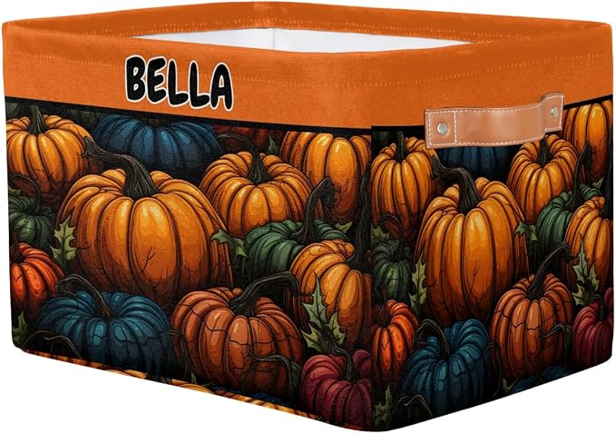 Personalized Foldable Spring Floral Storage Basket with Name for Boys, Laundry Hamper Dirty Clothes Pet Toys Storage Bin with Handles for Shelf Home Closet, Halloween Colorful Pumpkins