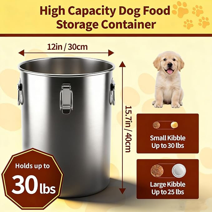 304 Stainless Steel Dog Food Storage Container, 25LB/30LB Airtight Pet Food Container with Locking Lid & Silicone Seal, Large Metal Food Storage Bin for Dry Dog/Cat Food, Rice, Flour (25 LBS)