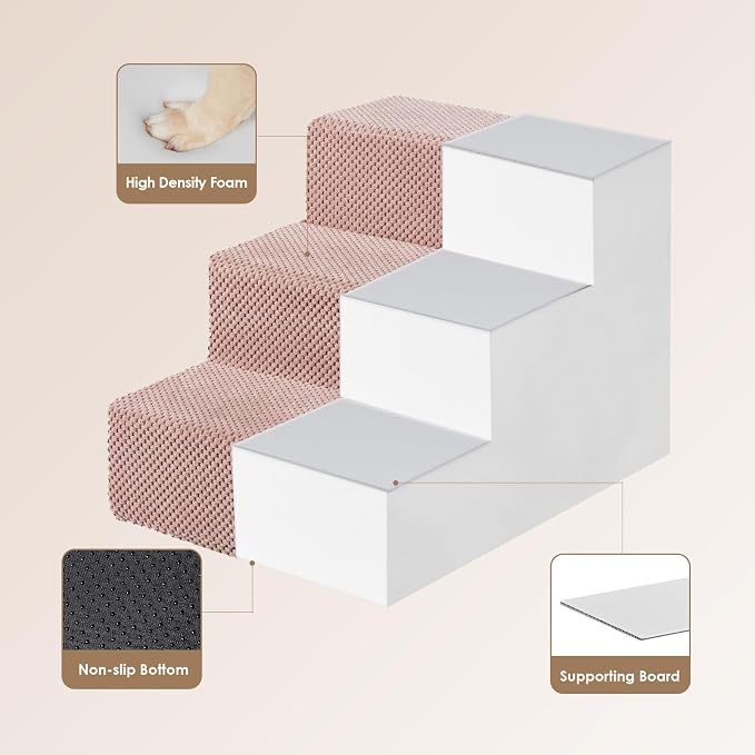 EHEYCIGA Dog Stairs for Small Dogs 13.5" H, 3-Step Dog Steps for Cats, Pink | Pet Steps for Couch Sofa and Chair, Non-Slip Balanced Pet Ramp Indoor