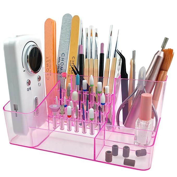 Nail Drill Organizer Box, Professional Nail Organizer, 28 Capacity Nail Art Storage Case with Fixed Compartments Pink