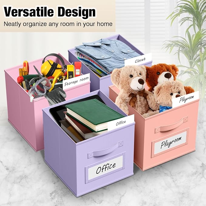 Teenyyou 10 Pack Fabric Storage Cubes 11 Inch Collapsible Cube Bins with Label Window & Handle Foldable Organizers Baskets for Shelf Closet Nursery Kids Room Clothes Book Toy(Gentle Pink Purple)