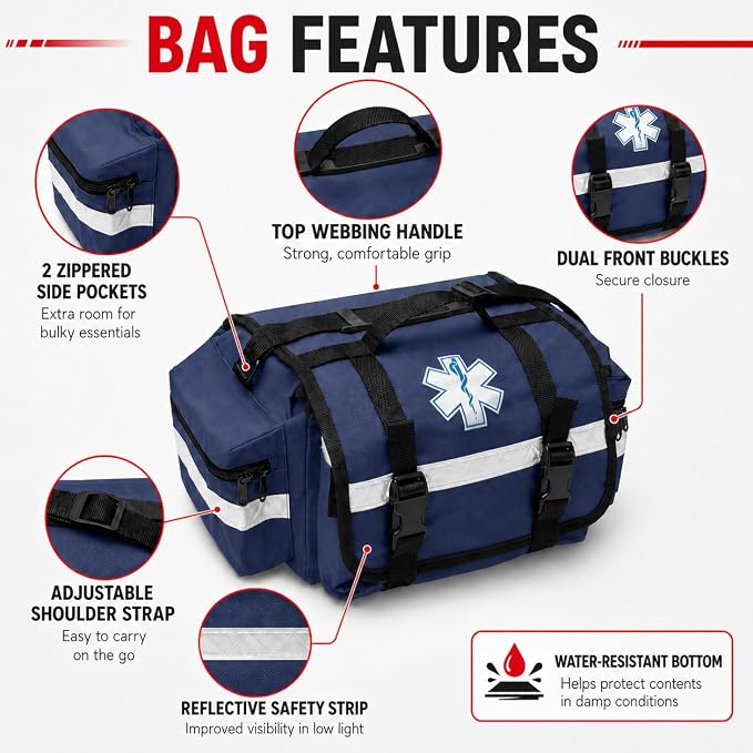 NOVAMEDIC NM-RO63P Professional First Responder Bag, 17” x 9” x 7” Empty EMT Trauma Kit Carrier with Removable Dividers, Reflective Strips, Water-Resistant Base for Emergency Medical Supplies (Blue)