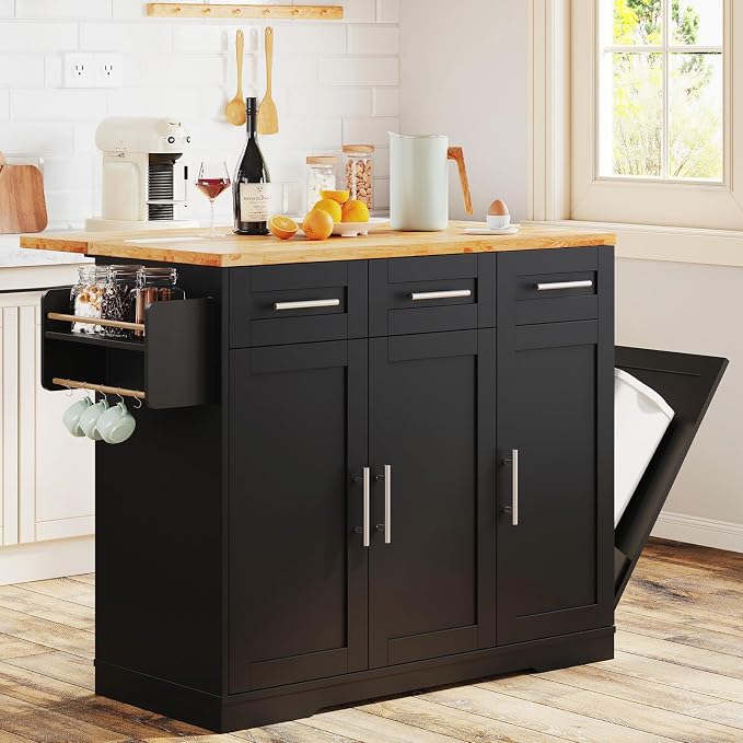 Dripex 41.5'' Rolling Kitchen Island with Power Outlet, Trash Can & Storage | Kitchen Island with Storage & Drop Leaf, Rubberwood Top, 3 Drawers, Mobile Kitchen Island on Wheels for Dining Room, Black