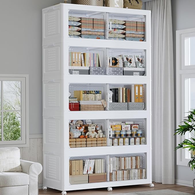 250Gal Stackable Storage Bins with Lid 5-Tier Collapsible Cabinet Closet Organizer Box with Wheels, 1000QT Large Plastic Drawer Container with Doors for Clothes Kitchen Organizing, White
