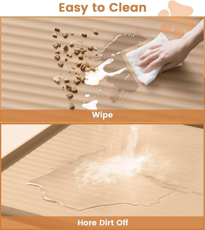 Dog Food Mat 36"x24", Waterproof Dog Bowl Mat, Khaki | Raised Edges Prevent Spills, Diversion Grooves, Waterproof Surface, Non-slip Backing, Easy to Clean