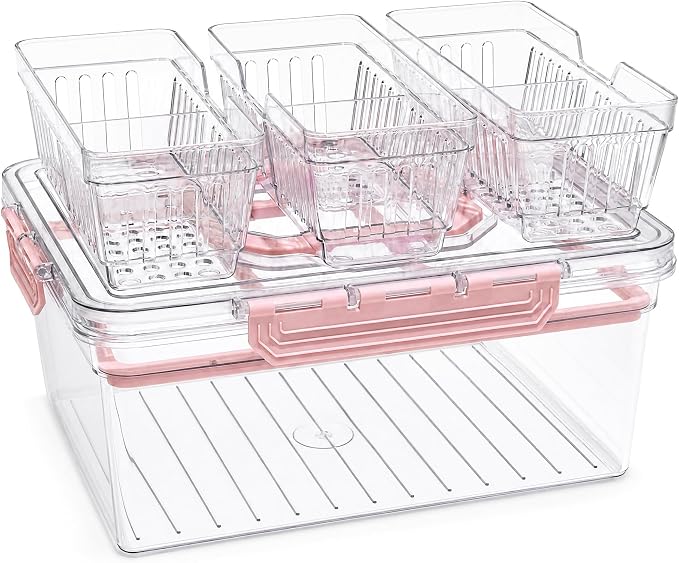 VECELO Ice‑Chilled Serving Tray with 3 Removable Draining Compartments, Cold Food Platter for Party Picnic Buffet,Pink