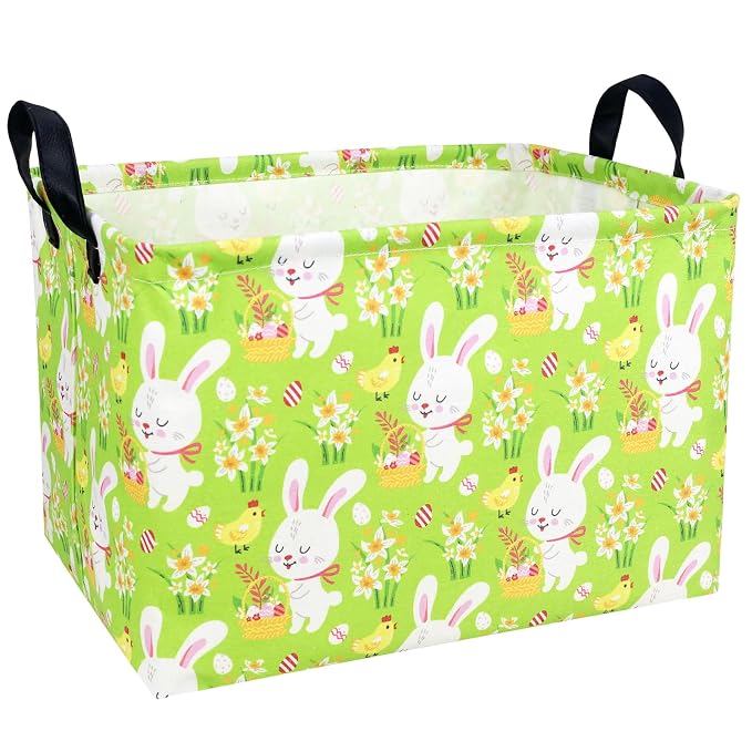 Large Empty Easter Basket for Kid Fabric Personalized Bunny Eggs Easter Gift Basket for Boy and Girl (Rabbit Chicken Green Bottom)