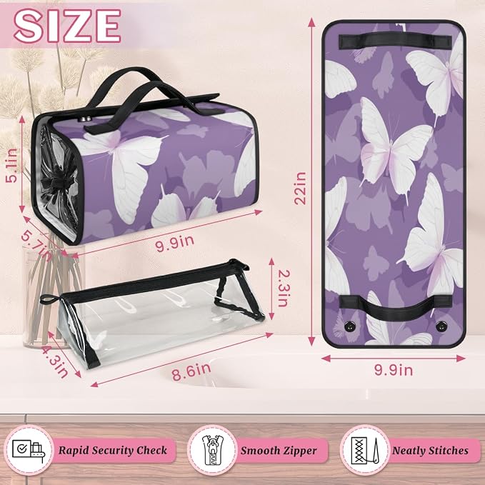 Butterfly Makeup Bag for Women Hanging Roll-Up Travel Organizer Toiletry Kit with 4 Removable Compartments, Purple